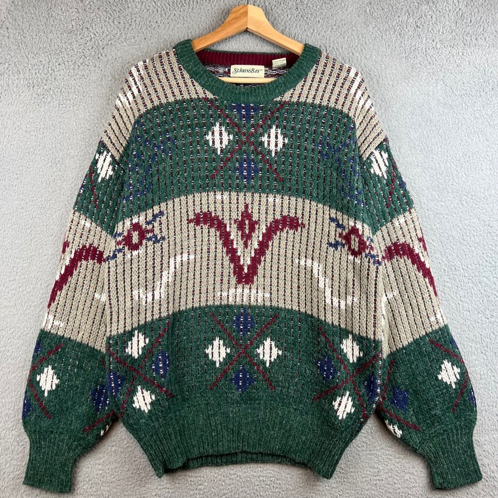 VTG St Johns Bay Vintage Mens Green Geometric Fair Isle Knit Crewneck Sweater  M